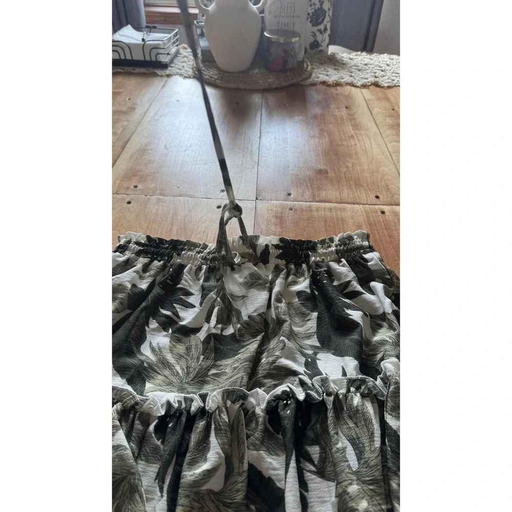 Tropical Leaf Print Tiered‎ Mini Skirt Green White XL Elastic Waist Drawstring